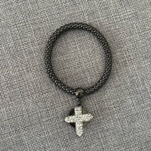 Black Mesh Stretch Bracelet with Rhinestone Cross Charm